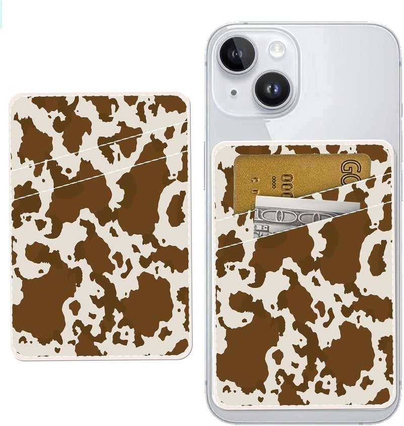AOHRO Dual Pocket Leather Phone Wallet Adhesive Stick On, Cute Card Holder for Case, Brown Cow Print - Image 1